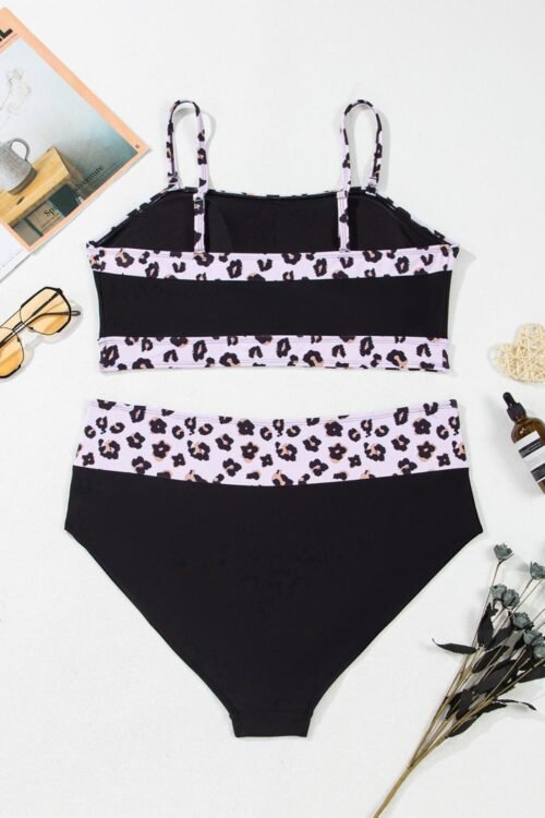 Bikini Sets | Women Black Leopard Patchwork Plus Size High Waist Bikini Set