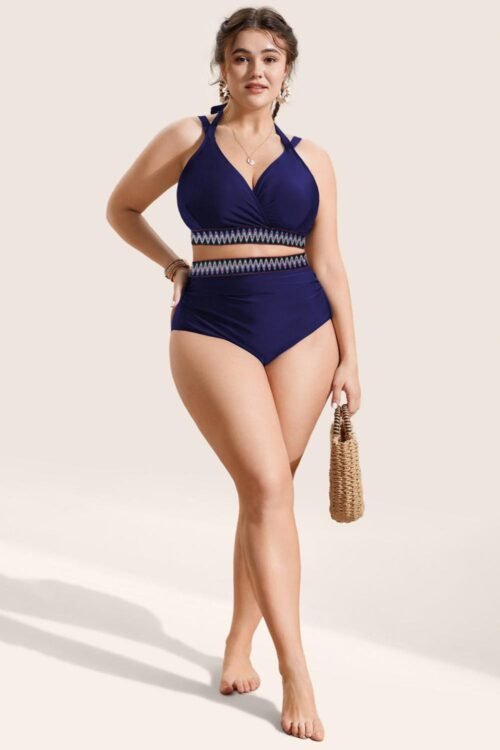 Bikini Sets | Women Navy Blue Embroidered Trim Wrap Tie Knot Plus Size High Waisted Bikini Set