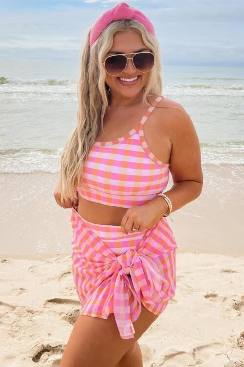 Bikini Sets | Women Pink Plus Size Plaid Print High Waist Bikini Set
