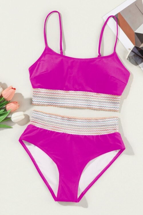 Bikini Sets | Women Rose Striped Patchwork Spaghetti Strap High Waist Bikini Set