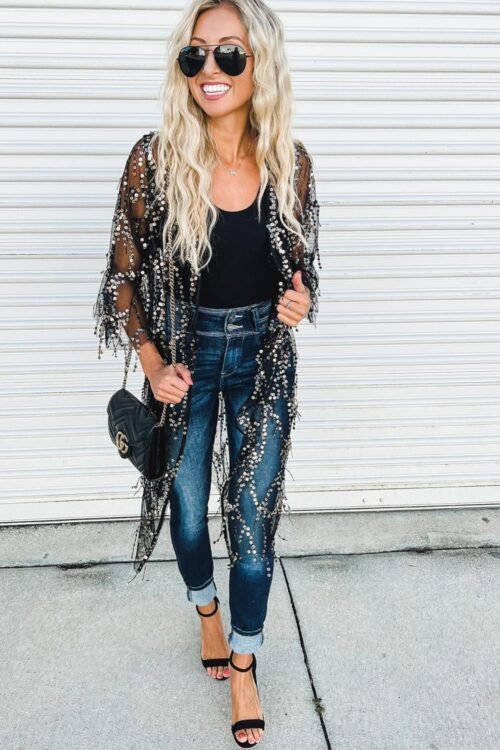 Cover-Ups | Women Black Sequin Sheer Casual Open Front Cover Up