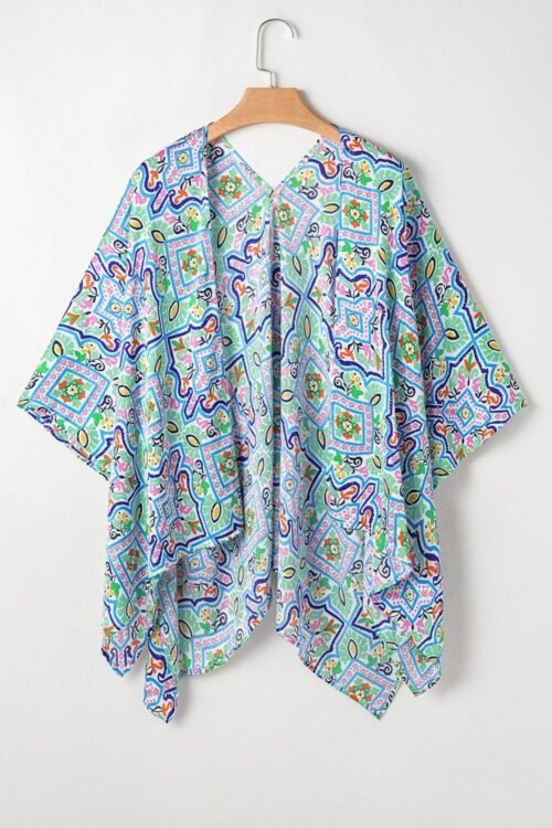Cover-Ups | Women White Boho Floral Printed Rhinestone 3/4 Sleeve Open Front Kimono