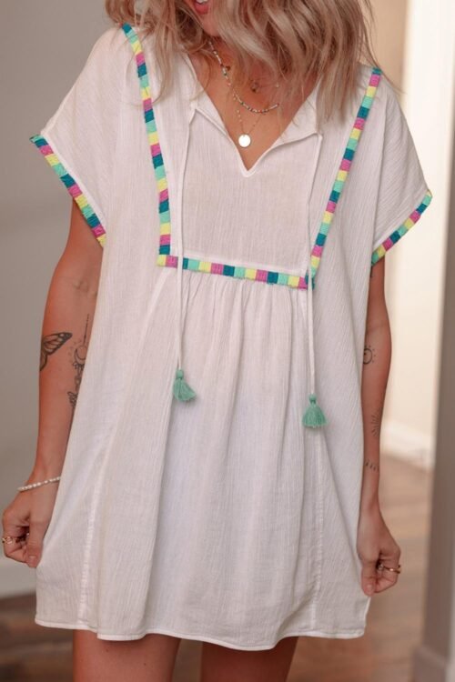 Cover-Ups | Women White Colorful Fringed Detail Tassel Tie Neck Short Sleeve Cover Up