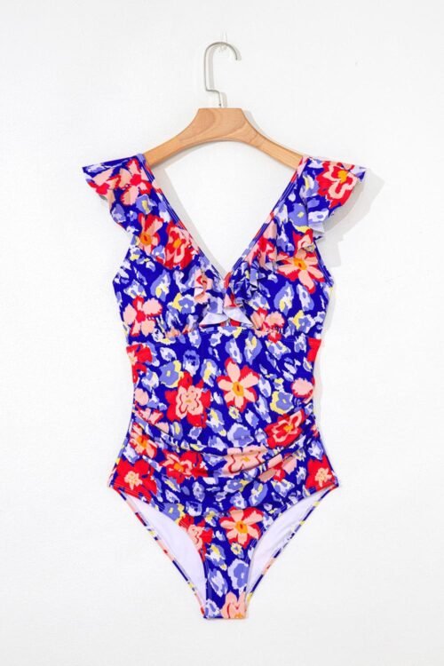 One-Piece | Women Blue Floral Ruffle Trim V Neck Backless One Piece Swimsuit