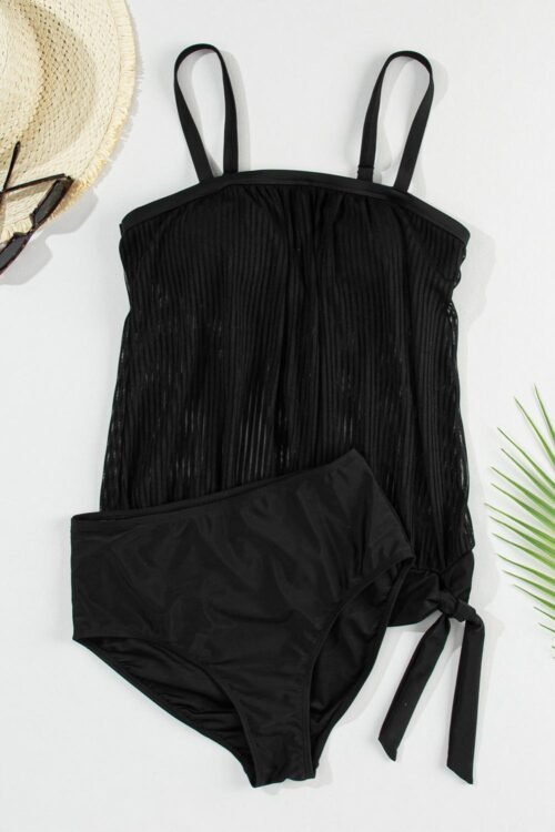 Tankinis | Women Black Striped Mesh Knotted Hem Tankini Swimsuit