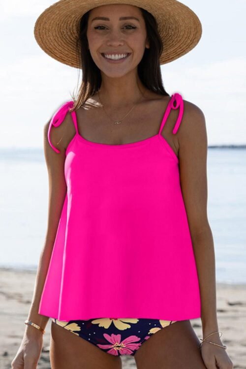 Tankinis | Women Rose Red Solid Color Cami And Floral Print Panty Tankini Set