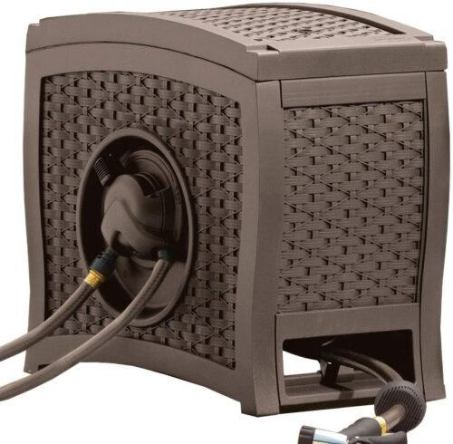 Suncast Aquawinder 125′ Wicker Garden Hose Reel – Lightweight Portable Hands – Free Water Powered Retractable Hose Reel – Java